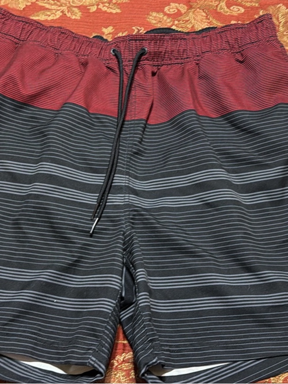 Nautica Men's Maroon and Black Striped Swim Board Shorts